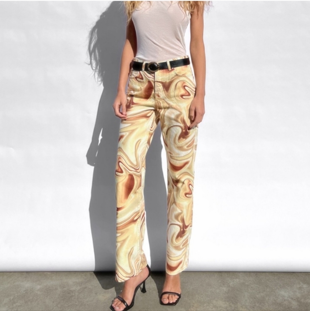 Zara Swirl Boho 70s Y2K Pattern Mid-Rise Straight Button-Fly Jeans Size 0